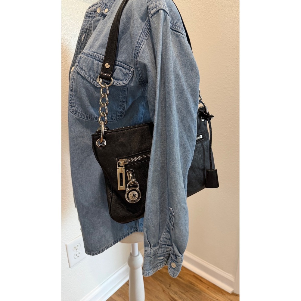Michael Kors Black Pebbled Leather Shoulder Bag Silver Chain Logo Lock Charm